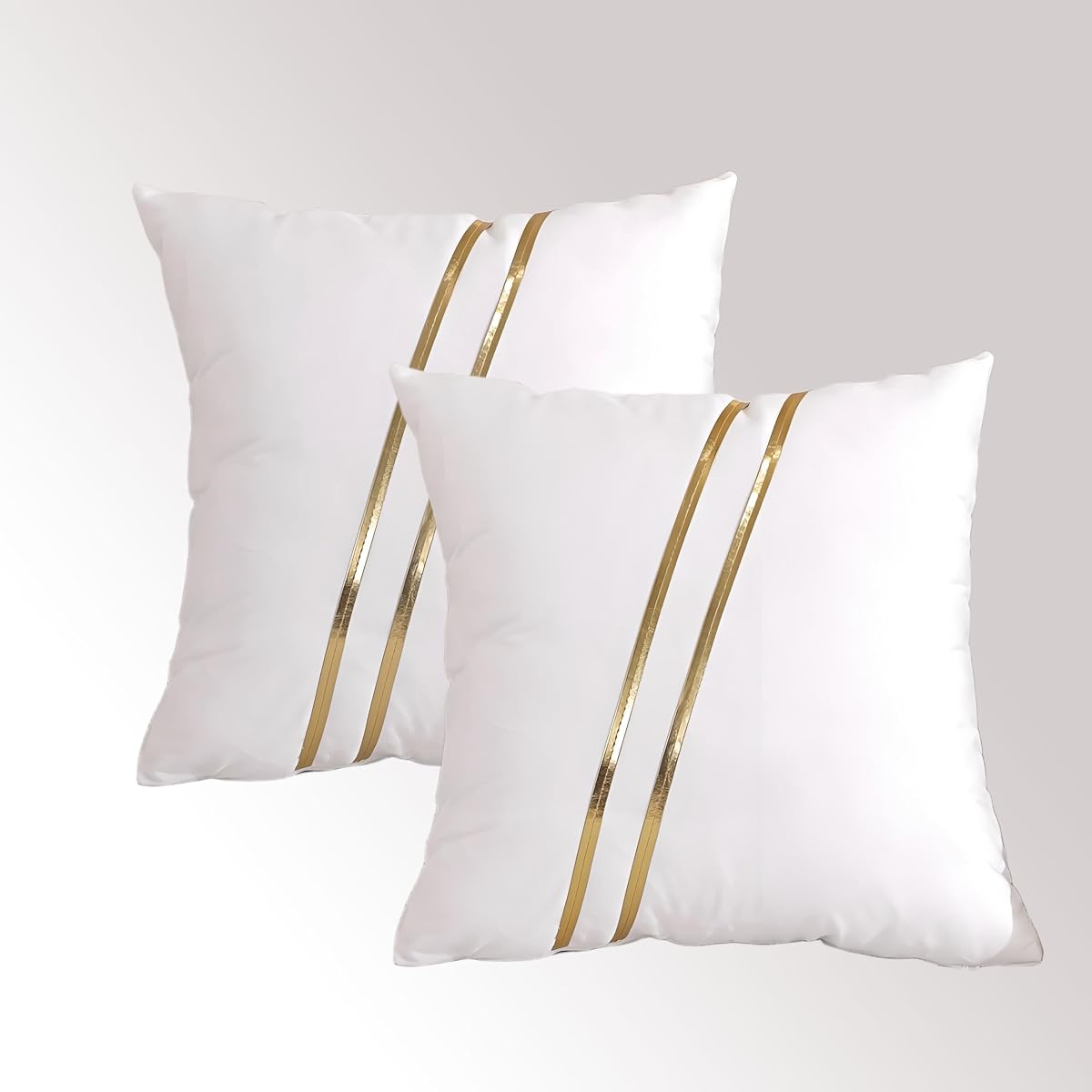 Gyulin Pack of 2,18x18 Inch Velvet Boho Throw Pillow Covers with Gold Leather Striped Stitching Modern Minimalist Square Pillowcase Cushion Covers for Bedroom Sofa Couch Living Room, White