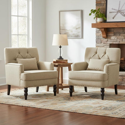 Tufted Club Chair Set of 2 with Lumbar Pillow,Accent Chair Upholstered Button Armchair, Linen Fabric Sofa Chairs for Bedroom, Living Room, Mid Century Modern Reading Chair,Brown