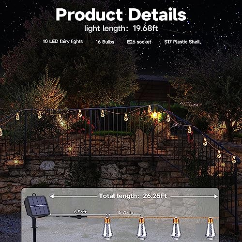 Solar Outdoor String Lights, 20Ft Vintage Rope Hemp Solar Patio Lights, Waterproof Warm White Solar Powered String Lights With 8 Modes 16 Shatterproof Bulbs for Garden Fence Stairs Balcony Café Bistro