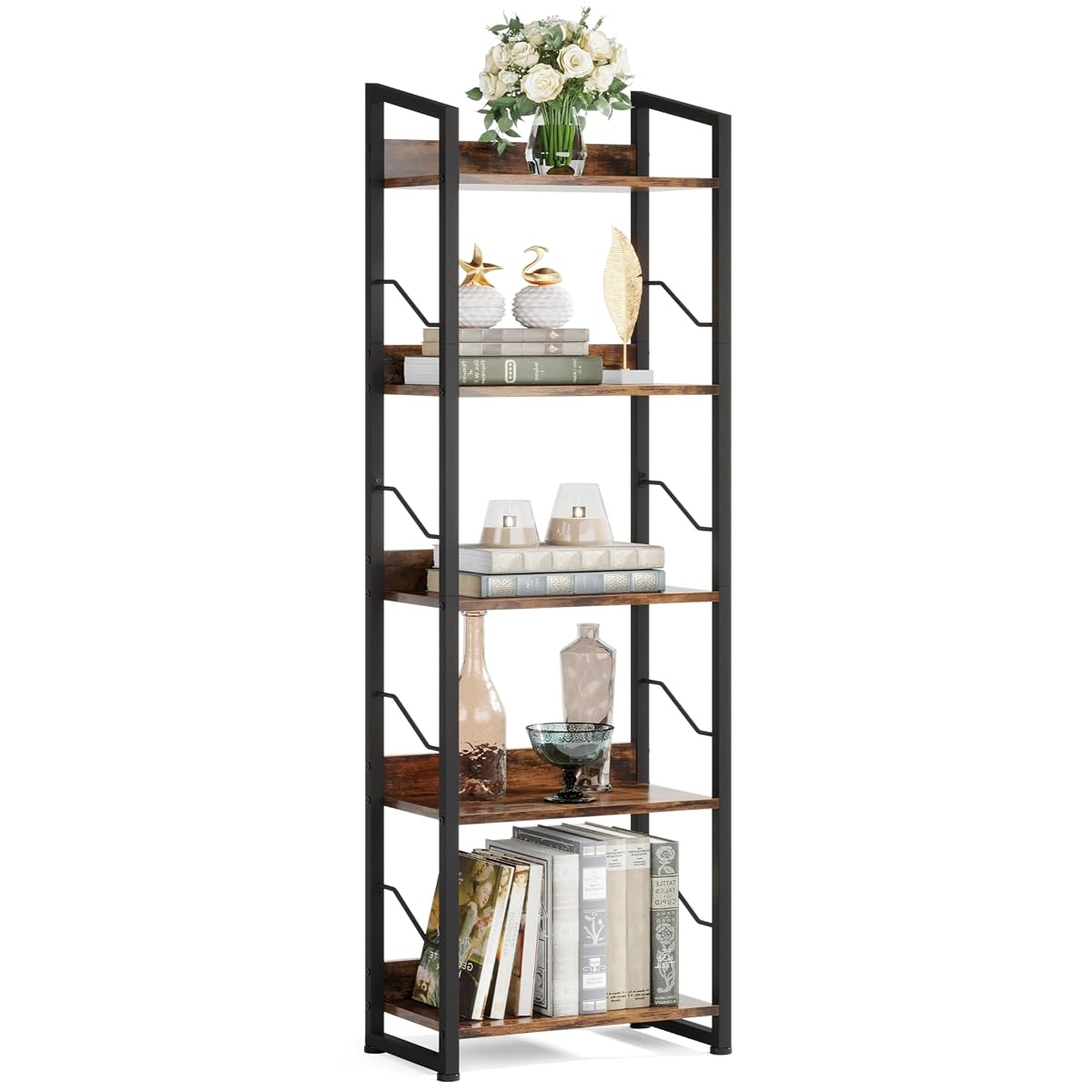 5 Tier Tall Bookshelf: Industrial Wood Book Shelf with Edge Protection Metal Narrow Bookshelf Bookcase Storage Organizer Display Rack for Living Room Home Office (Rustic Brown)