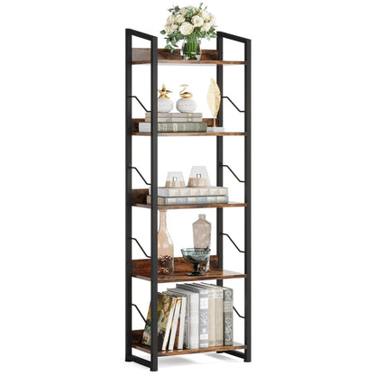 5 Tier Tall Bookshelf: Industrial Wood Book Shelf with Edge Protection Metal Narrow Bookshelf Bookcase Storage Organizer Display Rack for Living Room Home Office (Rustic Brown)