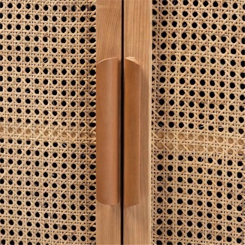Mid-Century Wood/Rattan 2-Door Storage Cabinet, Oak Finish, 44.29" H x 31.5" W x 14.17" D, Adjustable Shelves, Angled Legs, Elegant Accent Chest for Living Room or Entryway