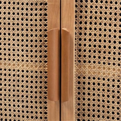 Mid-Century Wood/Rattan 2-Door Storage Cabinet, Oak Finish, 44.29" H x 31.5" W x 14.17" D, Adjustable Shelves, Angled Legs, Elegant Accent Chest for Living Room or Entryway