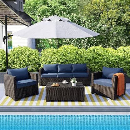 4 Piece Patio Furniture Set 45In Fire Pit Table Outdoor Furniture Sets Patio Couch Outdoor Chairs 50000 BTU Propane Fire Pit with No-Slip Cushions and Waterproof Covers, Navy Blue