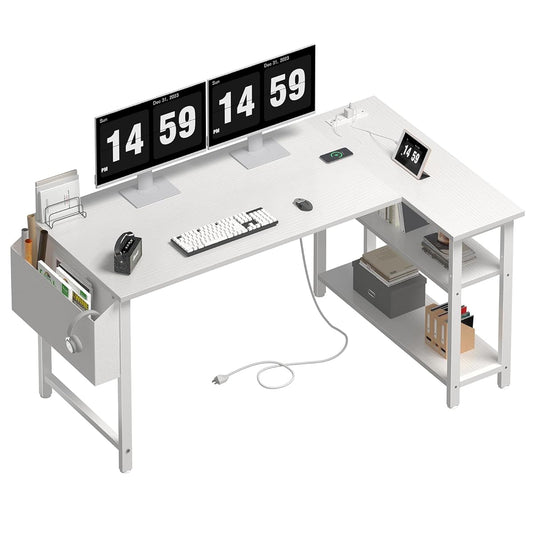 White L Shaped Computer Desk with Power Outlet Shelves, 47 Inch Corner Desk for Home Office Bedroom, L-Shaped Study Writing Working PC Desks, White