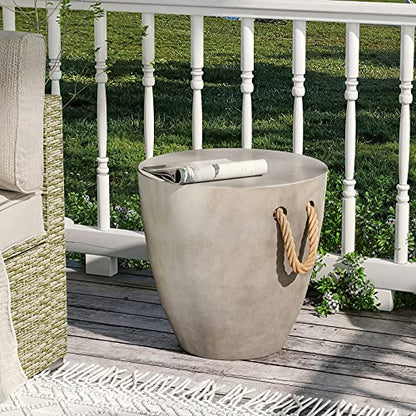 Outdoor Side Table Concrete Side Table, 17" H Small Outdoor Side Table End Table for Patio w Hemp Rope, Ceramic Round Coffee Table Accent Table Garden Outdoor Plant Stands