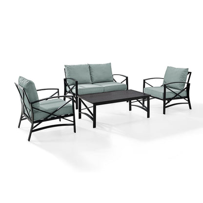 Crosley Furniture KO60009BZ-MI Kaplan Outdoor Metal 4-Piece Seating Set (Loveseat, 2 Arm Chairs and Coffee Table), Oiled Bronze with Mist Cushions