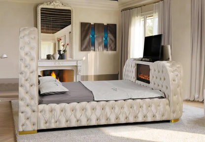 Leon Velvet Queen Bed Frame with TV Stand & Fireplace in Footboard, view 4