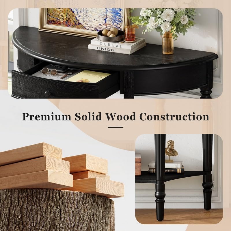 Black half moon console table with drawer and shelf, view 4