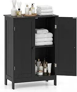 Bathroom Storage Cabinet, Freestanding Wooden Floor Cabinet with Double Doors, Adjustable Shelf, Modern Storage Organizers for Kitchen, Living Room, Entryway (Black)