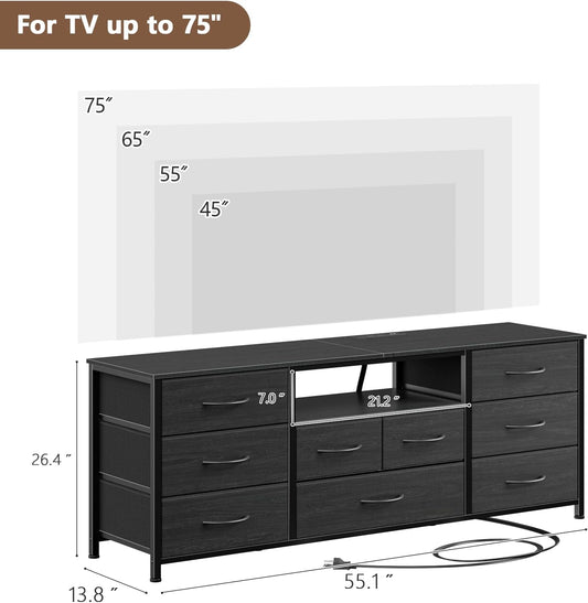 9 Drawer Dresser, 55” Long TV Stand for Bedroom, Entertainment Center with Power Outlet & LED Light for 55"-65" TV, Black Dresser with Fabric Storage Drawers for Closet
