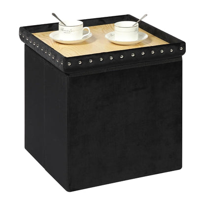 Storage-Ottoman Cube-Folding Tufted - Ottomans with Storage, Coffee Table Top Cover, Storage Boxes Footrest Stool for Bedroom, Luxury Velvet Fabric 15.7 Inches Black