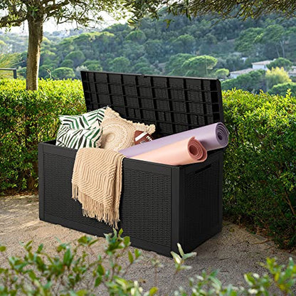 100 Gallon Waterproof Large Resin Deck Box Outdoor Storage Box Indoor Lockable Storage Container with Cushion for Patio Furniture Garden Pool Cushions (Black)