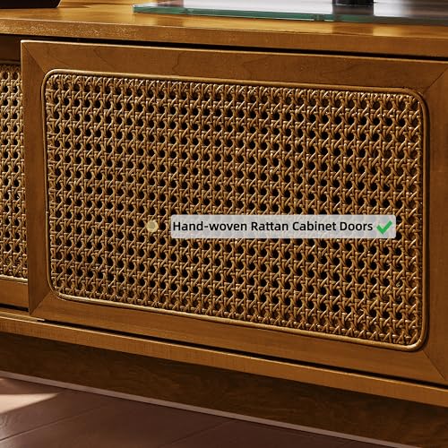 Mid Century Modern Rattan TV Stand for 65 Inch TV,59" Boho Media Console with Sliding Doors & Open Shelves,Solid Wood Legs for Living Room,Light Walnut