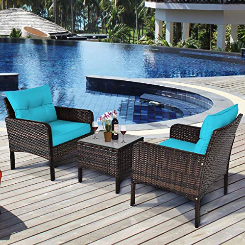 3 Piece Wicker Chairs with Glass Top Coffee Table, Thick Cushions, All Weather Garden Lawn Poolside Backyard Porch Outdoor Patio Furniture Set for 2 (Turquoise)