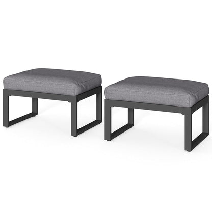 2 Pieces Aluminum Outdoor Patio Ottoman Set, Outdoor Foot Stools with Thick Cushion, Small Seat Furniture for Porch Balcony Backyard, Grey