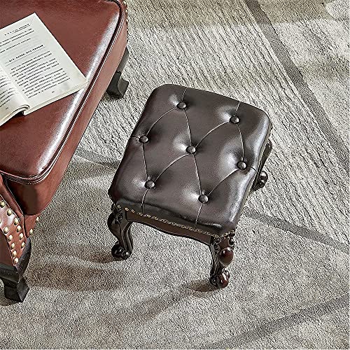 Footstool and Ottomans Small Foot Stool with Fiber Leather Wooden Foot Rest Upholstered Footrest for Living Room Bedroom (Dark-Brown)