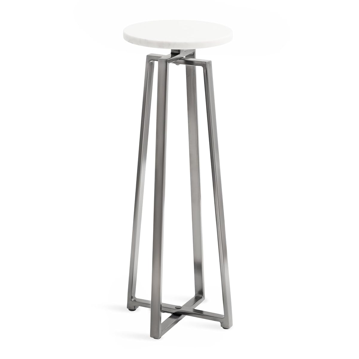 Zia Modern Marble Round Drink Table; 9 x 9 x 23; White and Gray Gunmetal; Decorative Pedestal Table for Living Room Display and Storage