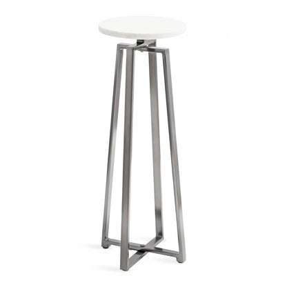 Zia Modern Marble Round Drink Table; 9 x 9 x 23; White and Gray Gunmetal; Decorative Pedestal Table for Living Room Display and Storage