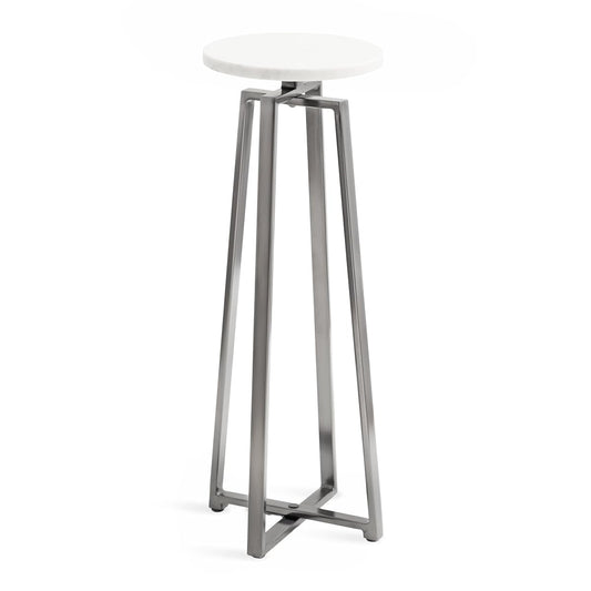 Zia Modern Marble Round Drink Table; 9 x 9 x 23; White and Gray Gunmetal; Decorative Pedestal Table for Living Room Display and Storage