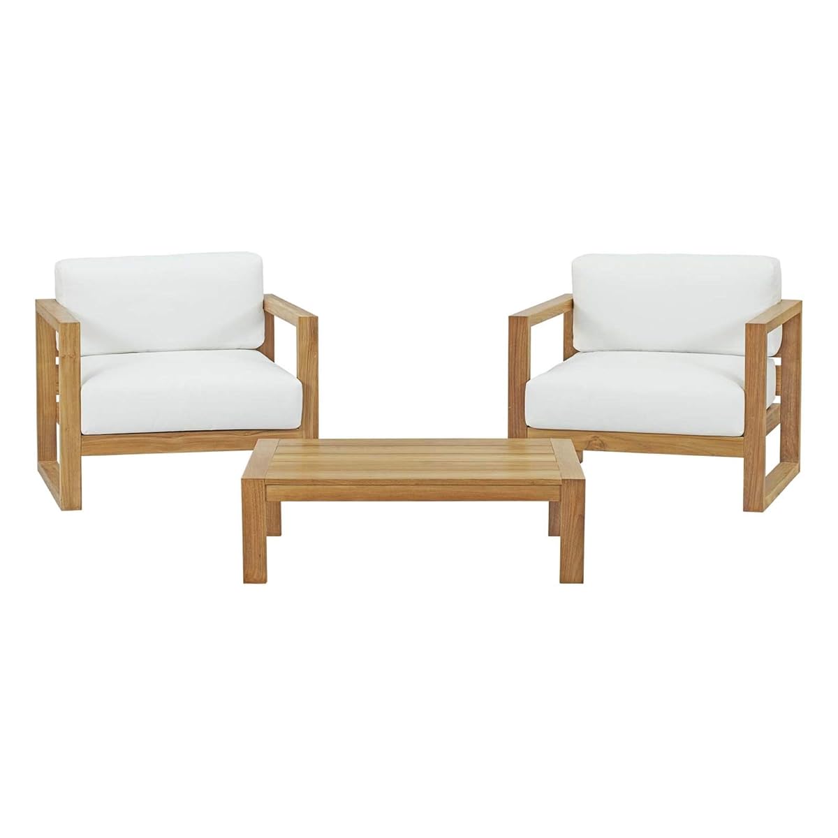 Upland Teak Outdoor Collection | Durable Teak Wood Furniture Set with All-Weather White Cushions | Includes Coffee Table & 2 Armchairs | Ideal for Balcony, Patio, Poolside, Garden