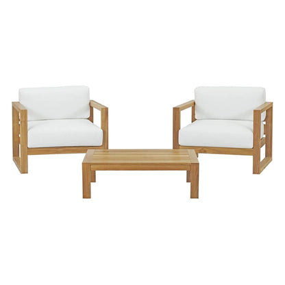 Upland Teak Outdoor Collection | Durable Teak Wood Furniture Set with All-Weather White Cushions | Includes Coffee Table & 2 Armchairs | Ideal for Balcony, Patio, Poolside, Garden