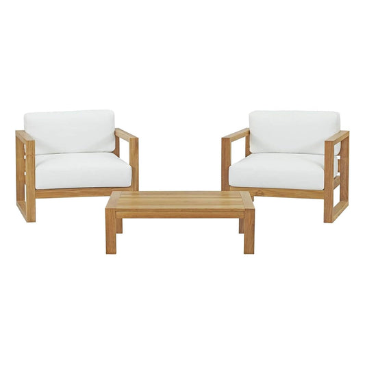 Upland Teak Outdoor Collection | Durable Teak Wood Furniture Set with All-Weather White Cushions | Includes Coffee Table & 2 Armchairs | Ideal for Balcony, Patio, Poolside, Garden