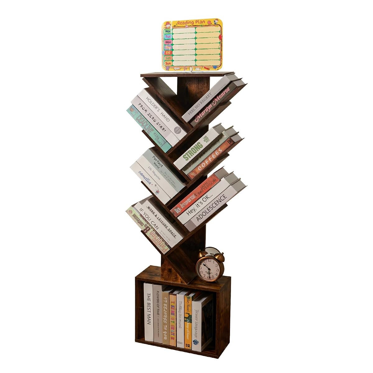 7 Tier Tree Book shelf, Small Bookcase with Reading Planner and Activity Panel, Modern Floor Standing Corner Tall Narrow Storage Cabinet Bookshelves for Home Office Bedroom Living Room (Rustic Brown)