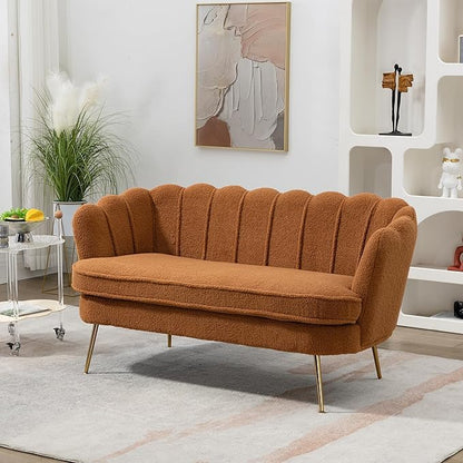 59" Small Modern Chenille Loveseat Sofa, 2-Seater Sofa with Gold Metal Legs, Small Couch with Flower Shaped Back for Living Room Bedroom Office (Caramel)
