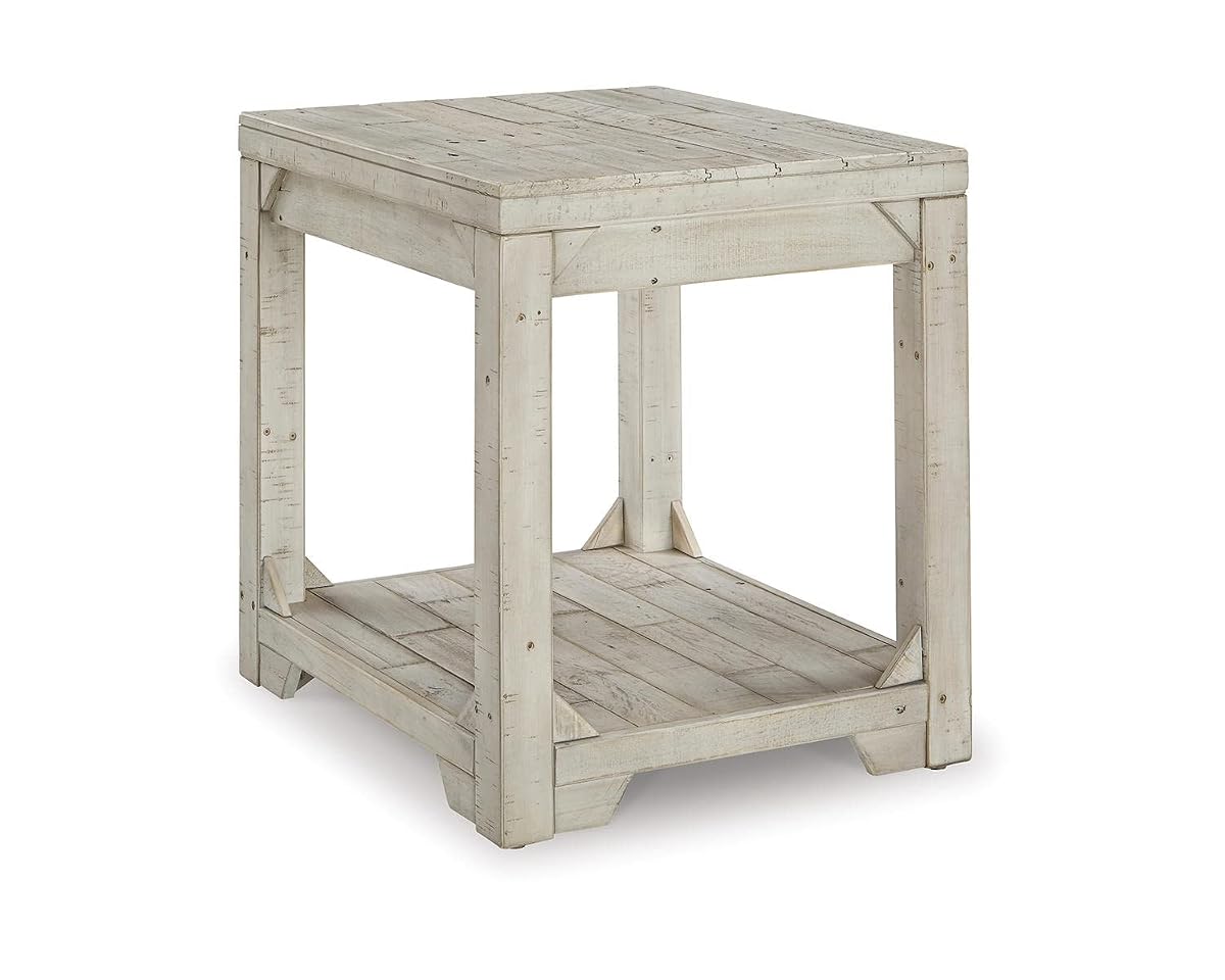 Signature Design by Ashley Fregine Farmhouse Rectangular End Table with Lower Open Shelf, Triangle Bracket Accents, Wood, 25.25" High, Weathered White