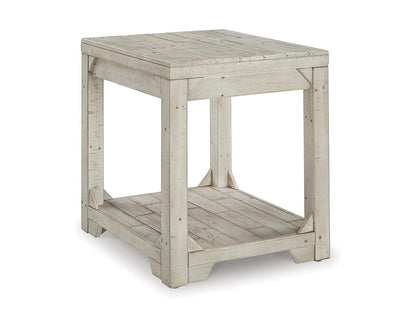 Signature Design by Ashley Fregine Farmhouse Rectangular End Table with Lower Open Shelf, Triangle Bracket Accents, Wood, 25.25" High, Weathered White