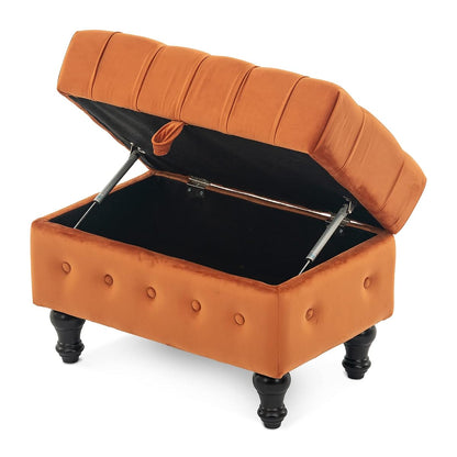 Rectangular Storage Coffee Table Ottoman,Button Tufted Velet Upholstery Footstool Bedroom Ottoman for Living Room, Home Office, Space-Saving Storage Toy Box Stool, Caramel