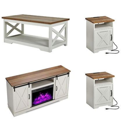 5-Piece Farmhouse Table Set Includes Fireplace TV Stand, Coffee Table& Two End Tables with Charging Station and USB Ports, for Living Room, Distressed White, 63"
