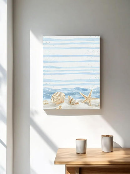 NuYeBiofx Summer Beach Shell Starfish Conch Canvas Wall Art Prints,30"x20" Framed Picture Artwork Seaside Ocean Wave Blue Line Printed Canvas Oil Painting for Living Room Bedroom Office,Ready to Hang