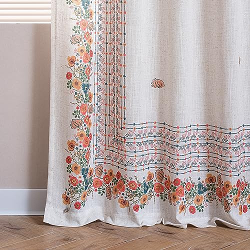 Boho Floral Curtains for Living Room 2 Panels Linen Semi Sheer Flower Curtains & Drapes 84 Inches Length Farmhouse Room Decor Style Back Tab for Dining Room, Yellow, 50" x 84"