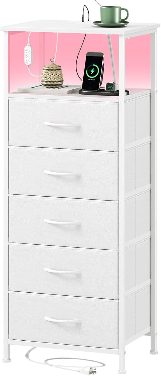 White Tall Dresser for Bedroom with 5 Drawers, Tall Nightstand | Night Stand Bedside Table with Fabric Bins, Metal Frame, Wood Top, Vertical Storage for Dorm, Closet, Entryway