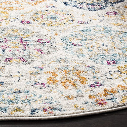 SAFAVIEH Madison Collection Area Rug - 5'3" Round, Cream & Multi, Boho Chic Distressed Design, Non-Shedding & Easy Care, Ideal for High Traffic Areas in Living Room, Bedroom (MAD611B)
