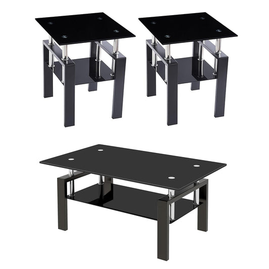 Glass Coffee Table Set of 3, Modern Black Living Room Tables