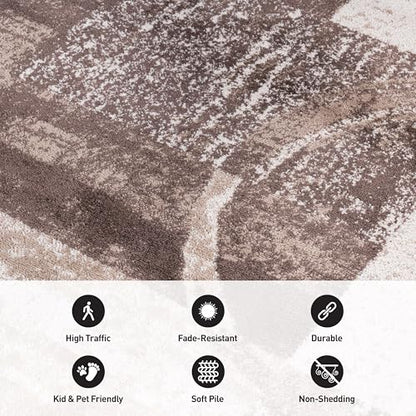 Brown Contemporary Abstract Area Rug, Soft Indoor Carpet with Jute Backing, Non-Shedding Distressed Geometric Circle Design for Living Room, Bedroom, Dining Room and Home Office, 5'3" x 7'3"