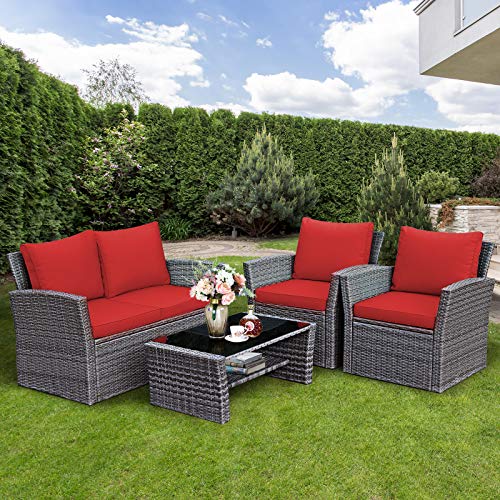 4 Pieces Patio Rattan Furniture Set, Outdoor Wicker Sofa Set with Tempered Glass Coffee Table, Cushions, All Weather Rattan Conversation Set for Yard Balcony Backyard Pool (Red)