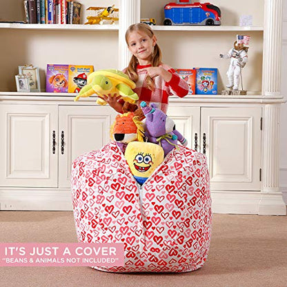 Stuffed Animal Bean Bag Storage Chair, Beanbag Covers Only for Organizing Plush Toys, Turns into Bean Bag Seat for Kids When Filled, Medium 32"-Canvas Pattern Heart