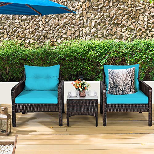 3 Piece Wicker Chairs with Glass Top Coffee Table, Thick Cushions, All Weather Garden Lawn Poolside Backyard Porch Outdoor Patio Furniture Set for 2 (Turquoise)
