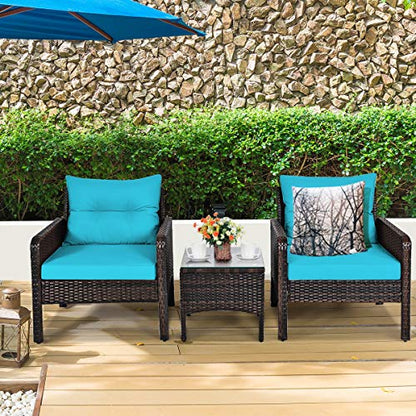 3 Piece Wicker Chairs with Glass Top Coffee Table, Thick Cushions, All Weather Garden Lawn Poolside Backyard Porch Outdoor Patio Furniture Set for 2 (Turquoise)