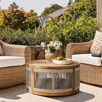 LuxenHome Outdoor Coffee Table, 31'' Acacia Wood Rope Drum Round Sides Patio Tables, Modern Farmhouse Garden Coffee Table, Outdoor Furniture for Porch, Balcony, Outside Furniture