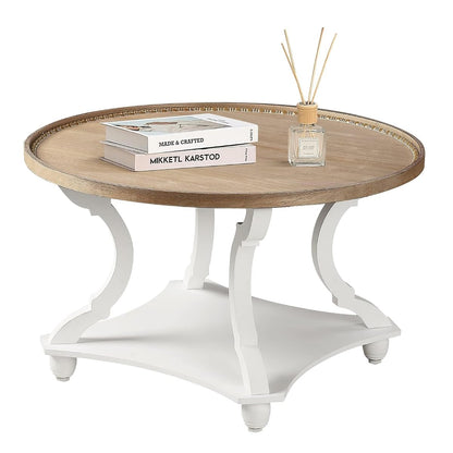 Farmhouse Round Coffee Table, Wood Tray Top Circle Coffee Table with Storage Shelf Rustic Style for Living Room and Vintage Finish, White