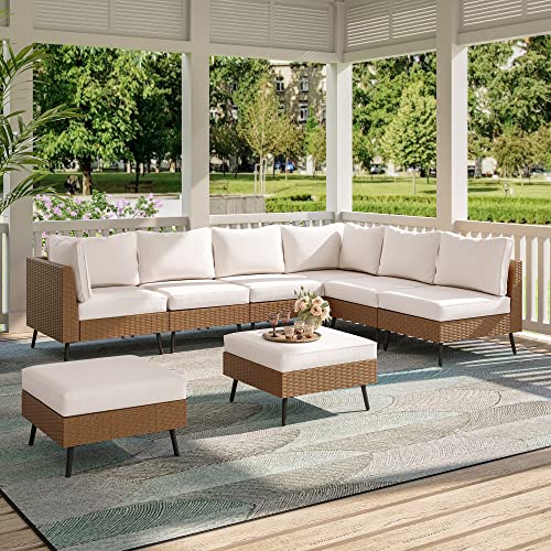 Outdoor Patio Furniture, 8 Piece Outdoor Sectional Sofa PE Rattan Wicker Patio Conversation Sets,All Weather Patio Furniture Set with Thick Cushions for Garden, Poolside, Backyard(Beige)