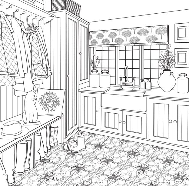Modern farmhouse interior design coloring book, view 3