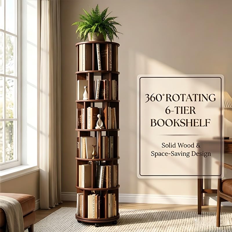 6Tier Solid Wood 360° Rotating Bookshelf Tower Round Revolving Book Shelf, view 4