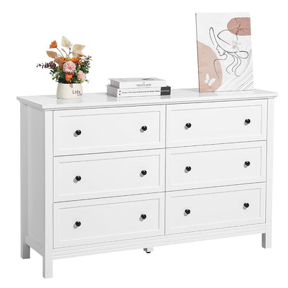 6 Drawer White Dresser, Wood Dresser Chest of Drawers with Middle Sliding Leg