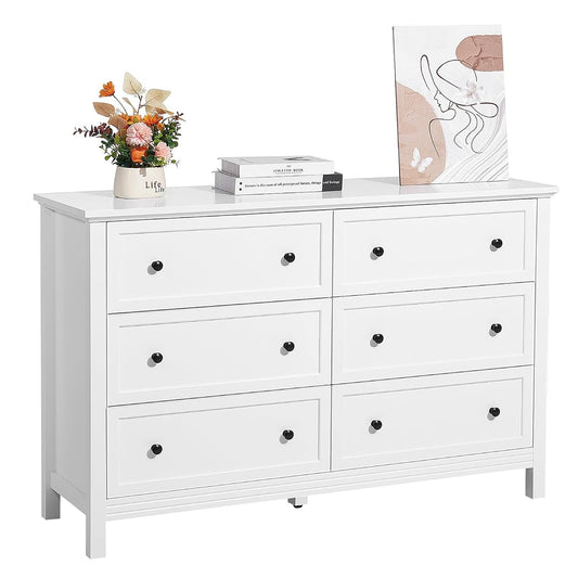 6 Drawer White Dresser, Wood Dresser Chest of Drawers with Middle Sliding Leg